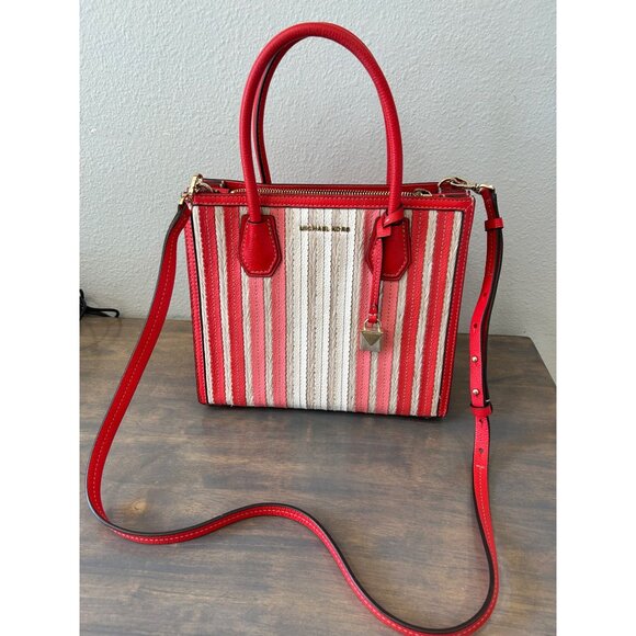 Michael Kors Mercer Red Coral Tan Leather Straw Purse Hand Bag Accordion - Picture 2 of 14